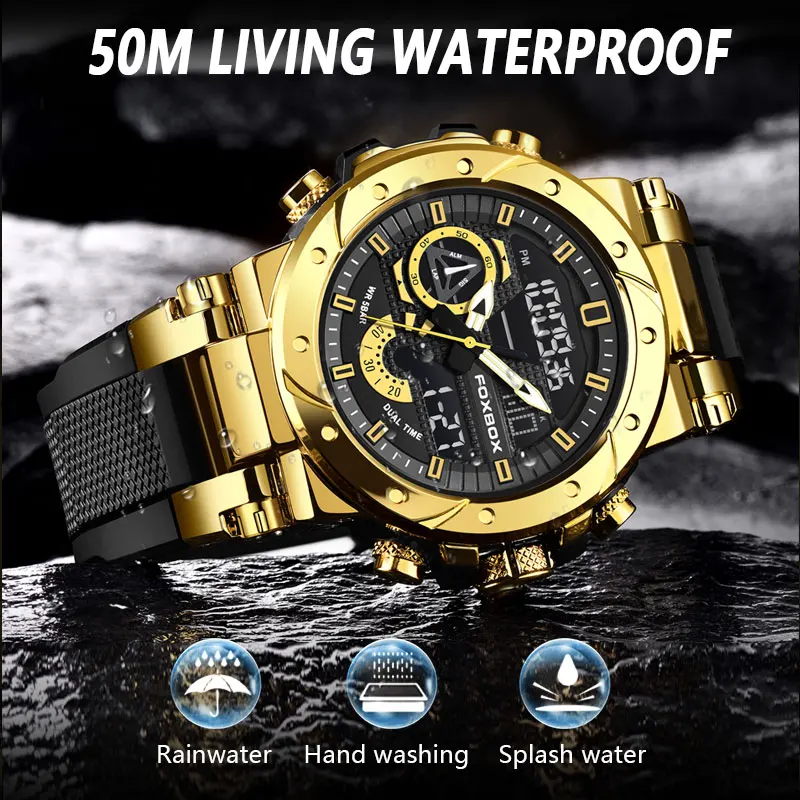 FOXBOX Merk Sport Horloges 50M Wateproof Dual Time Display Horloges LED Stopwatches Alarm Multifunctionele heren Horloges
