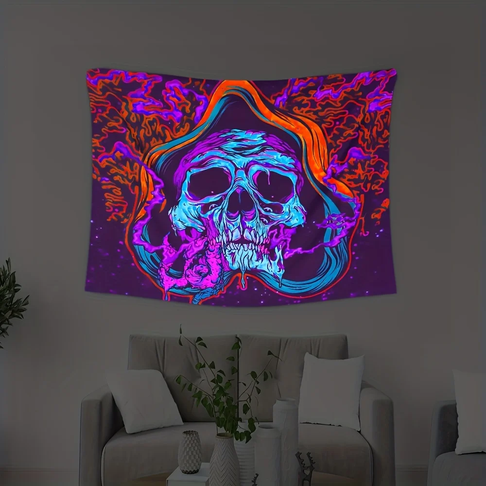 VIKAMA Hooded Skull Tapestry Glowing Starry Sky Background Music Party Room Gaming Room Dark-Themed Room Decor