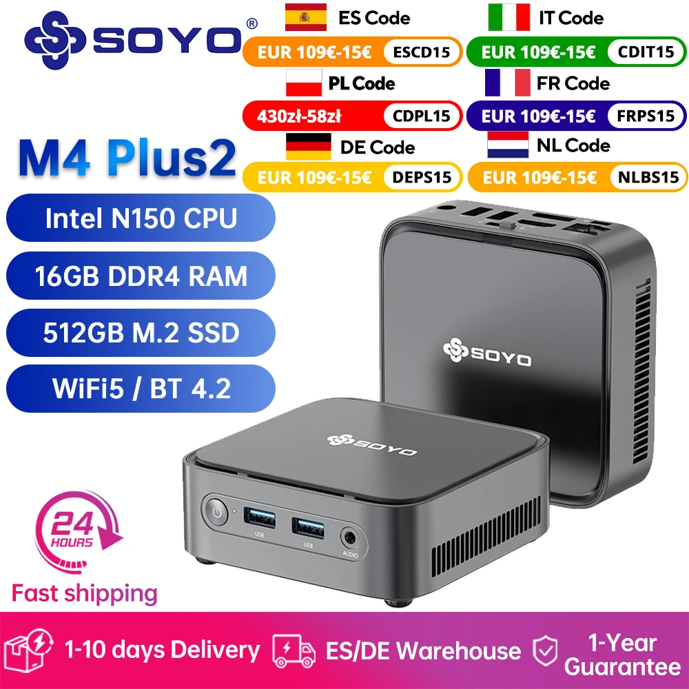 SOYO Mini PC Mini M4 Plus2 Intel 13th N150 CPU with 16GB DDR4 512GB SSD Computer Support 4K HDMI DP Display WiFi5/BT4.2/USB3.2