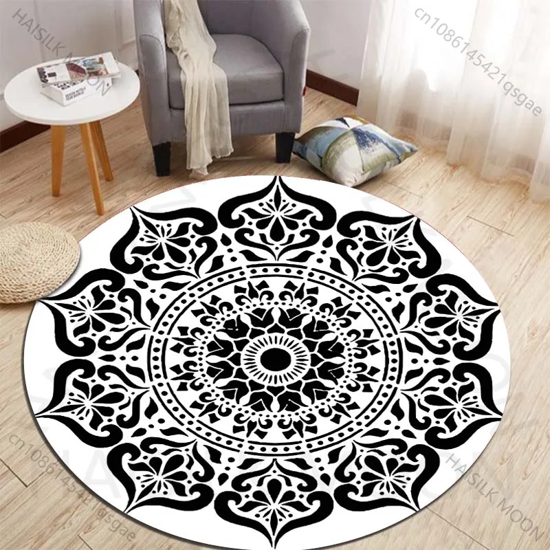 Intricate black-and-white mandala design Printed round carpet living room sofa table carpet large pet mat soft round carpet