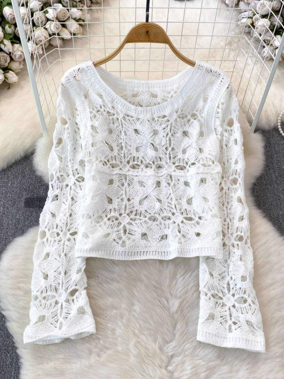 2024 Spring Summer Pullovers Tops Korean Fashion Long Sleeve Women Hollow out Knitted Shirt Round Neck Hook Flower Knitwear