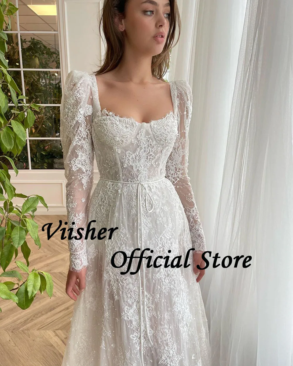 Viisher Luxury All Lace Wedding Dress Long Sleeve Square Neck Princess Bride Dress With Ribbons Modern Long Wedding Bridal Gowns