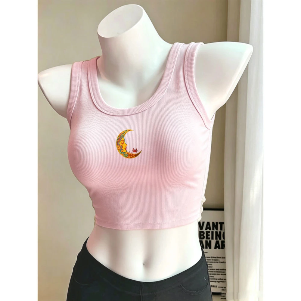 Vintage Pattern Crescent Moon with Cat Graphic Camisole Ribbed Tank Top Crop Y2k Top Ladies Sleeveless U Neck Bodycon Cropped
