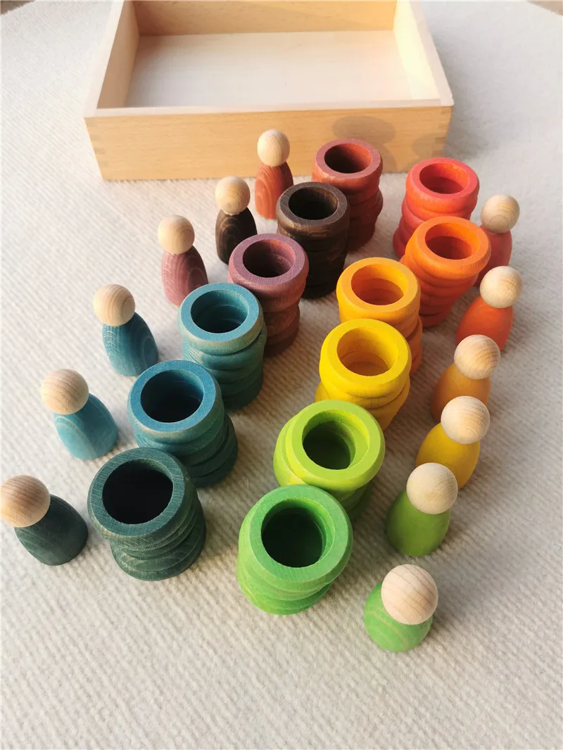 Kids Wooden Toys Beech Rainbow Coins and Rings Stacking Blocks with Peg Dolls Loose Parts