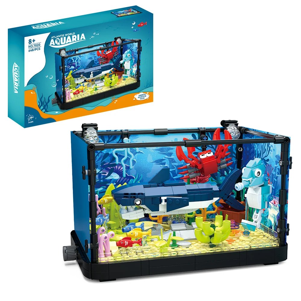 Fish Tank Block Set with Lights, Aquarium, Marine Life, Shark Eco Tank, Block Playset for Kids 6+ Years, Gift for Ocean Lovers