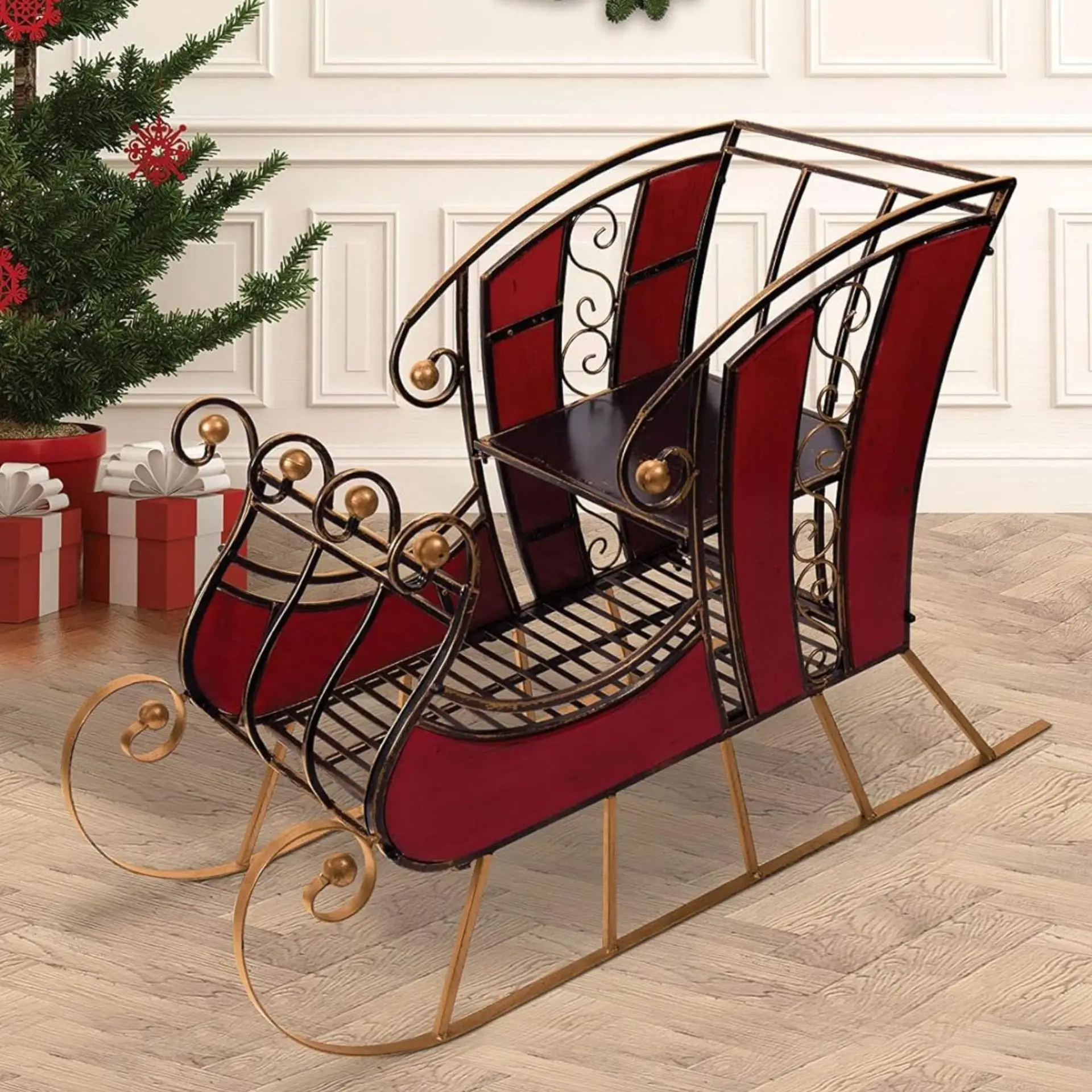 European retro crimson Christmas sleigh ornament, indoor Christmas sleigh car storage decoration crafts