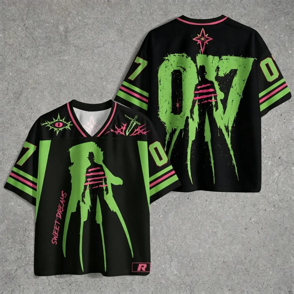 2026 Nightmare Horror Character Graphic Jersey Shirt Unisex Loose Black Green Mesh Short Sleeve Retro Streetwear Top
