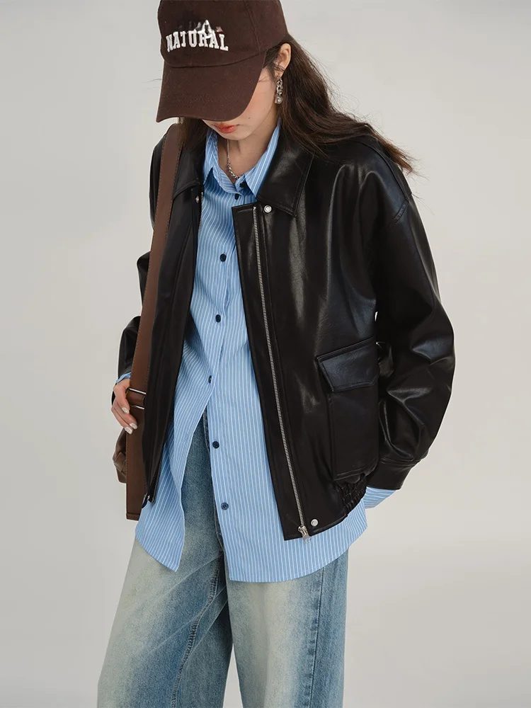 Loveheynew Bla Retro motorfiets leren jas dames losse afslankende PU-leren jas herfst winter nieuwe Sle bovenkleding