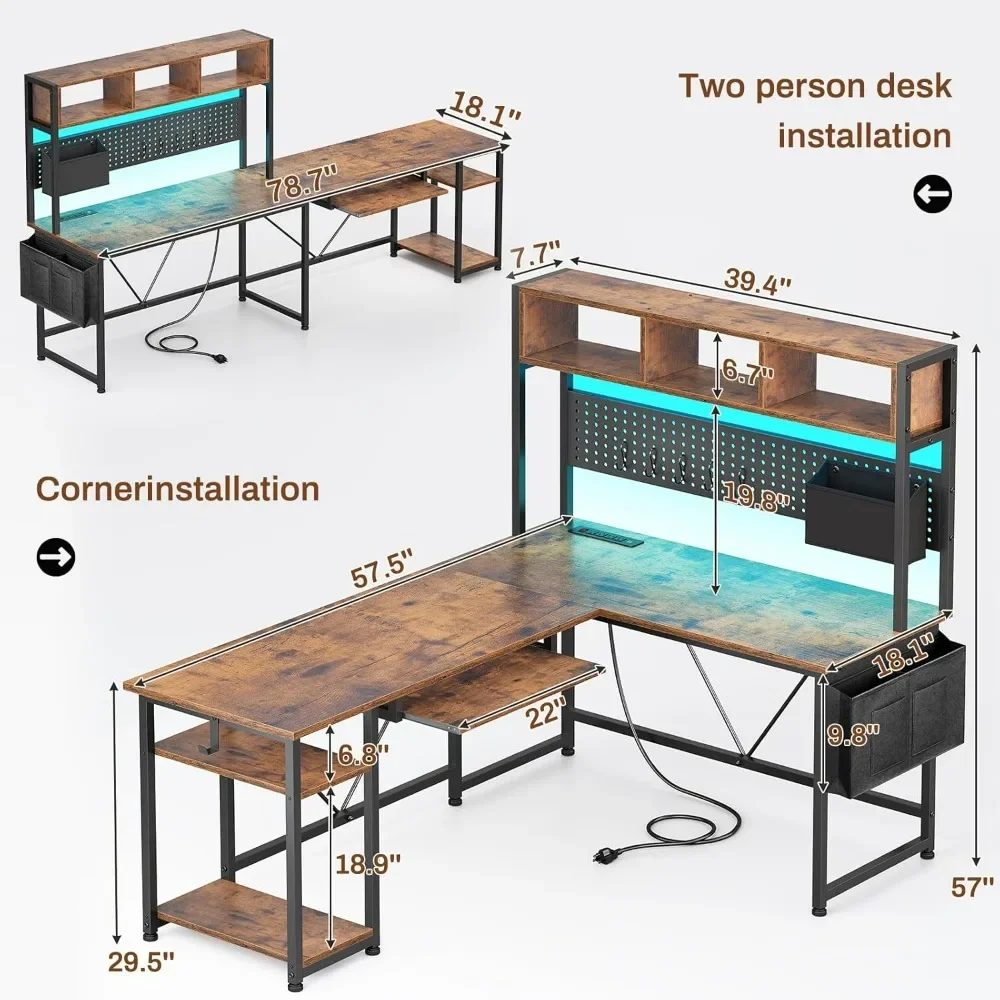 L Shaped Gaming Desk, Gaming Desk with Pegboard, LED Lights, Power Outlet, Keyboard Tray, 57.5” Reversible Corner Computer Desk