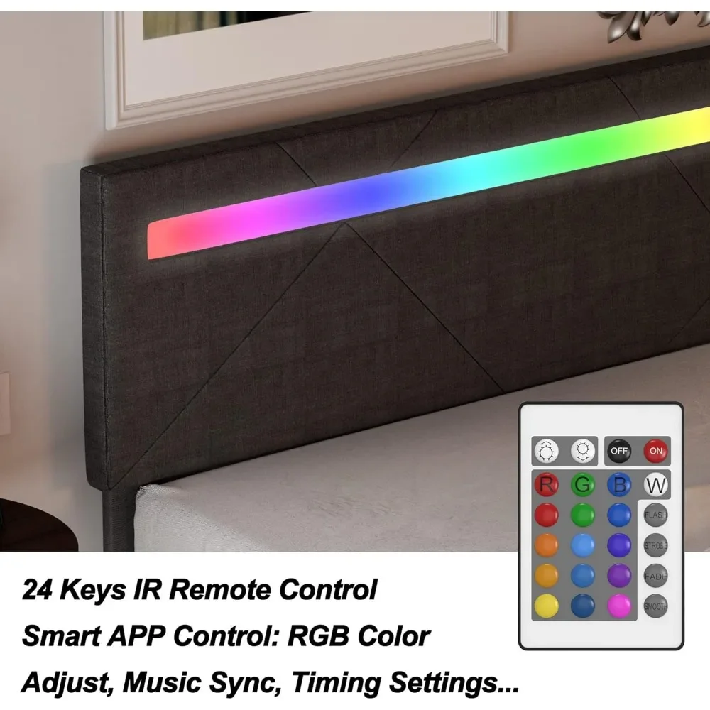 Estrutura de cama completa com luz LED (controle inteligente de APP), estrutura de cama de plataforma acolchoada, sem necessidade de caixa de mola/sem ruído/montagem fácil