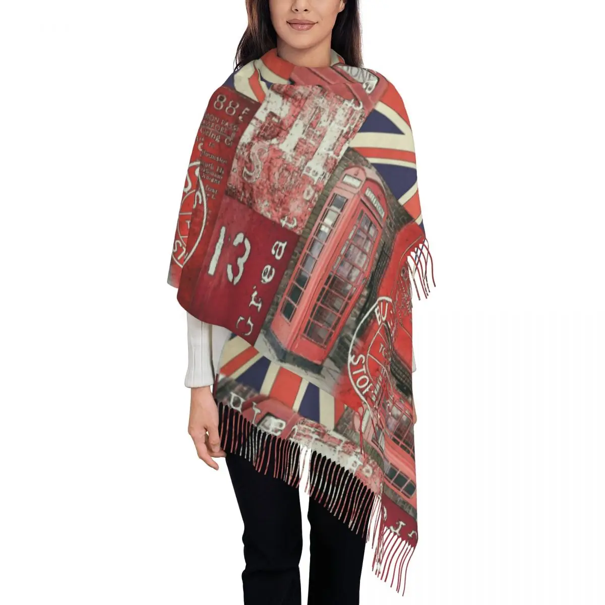 

Very British Vintage Scarf Warm Cashmere Shawl Wrap London Bus Flag Red Print UK Long Large Scarves with Tassel for Ladies
