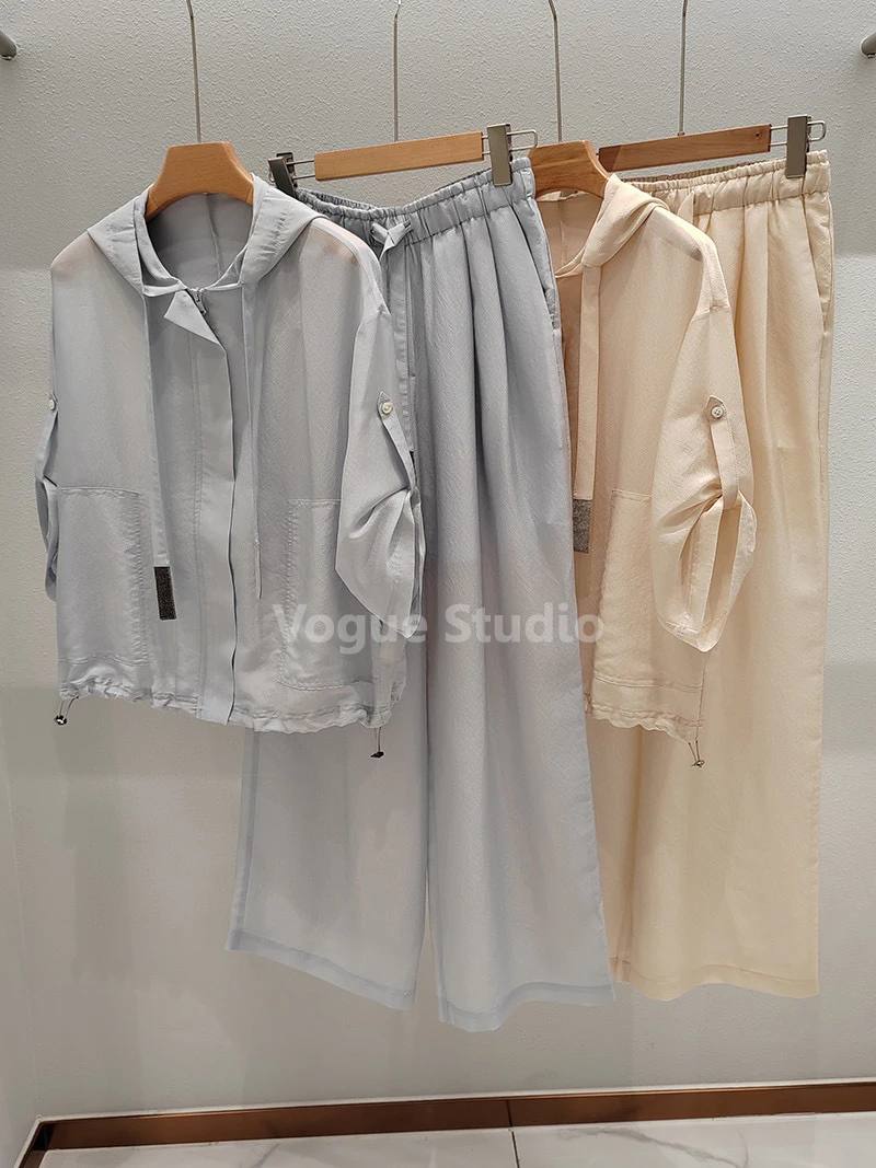 Summer casual style lightweight pants suit with exquisite trimming