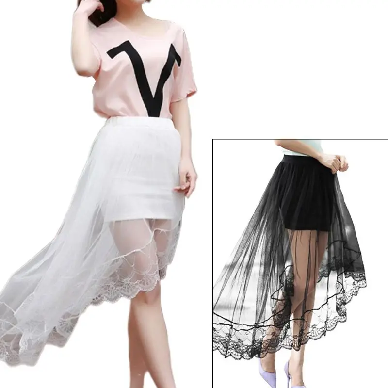 Women Girls Summer High Waist Layered Sheer Mesh Swallowtail Midi Long Skirt Asy