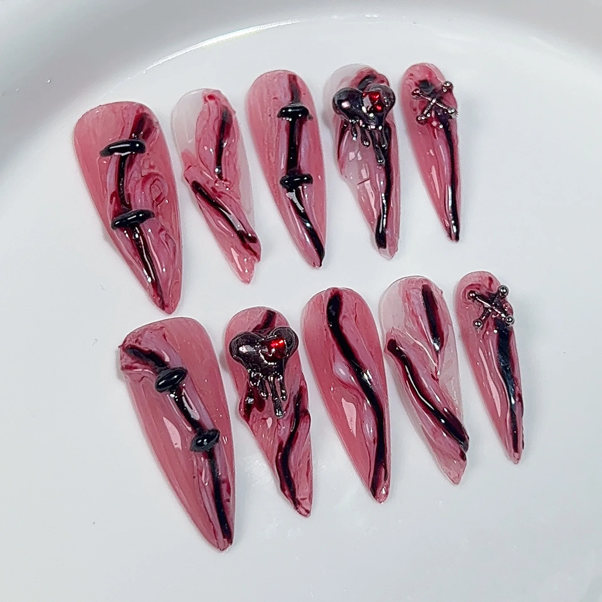 10pcs Handmade Fake Nails Blood Red Halloween False Nails with Red Crystal Design Heavy Metal Punk Black Press on Nails for Girl