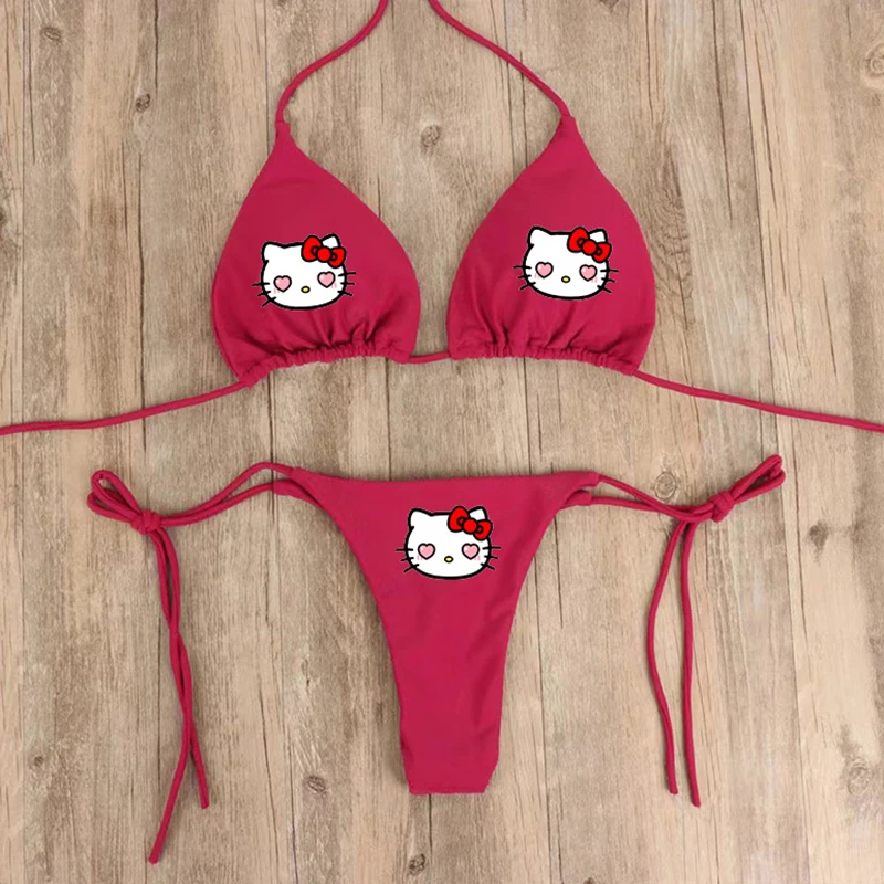 2Pcs Y2K Hello Kitty Swimsuit Set for Women Sanrios Anime Kawaii Kuromi Bikini Sexy Hot Girl Sexy Underwear Bra Thong Girl Beach