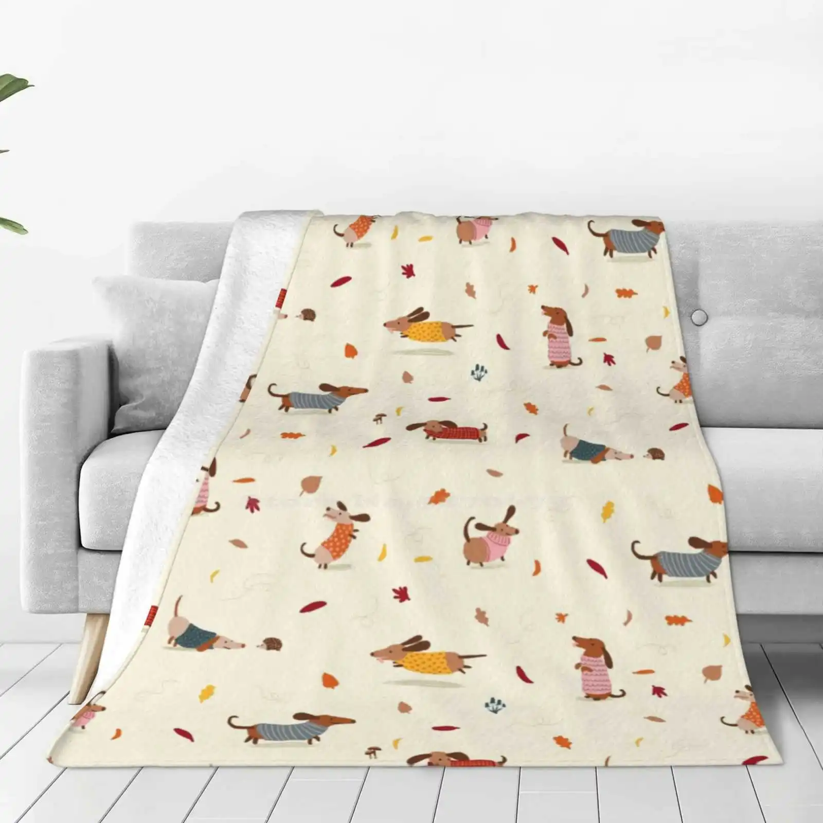 Cute Dachshunds In Winter Sweaters With Autumn Leaves Soft Warm Light Thin Blanket Dachshund Autumn Fall Doxie Wiener Dog