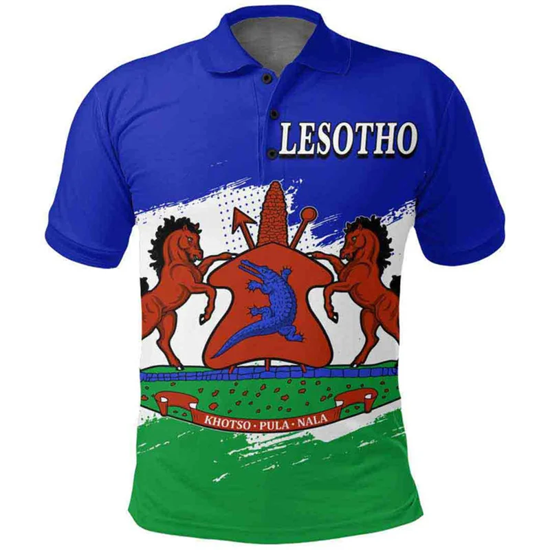 Lesotho Flag Map 3D Print Polo Shirt The RepublicOf Lesotho Coat Of Arms Graphic Polo T Shirt Vintage Mens Clothing Polo Shirts