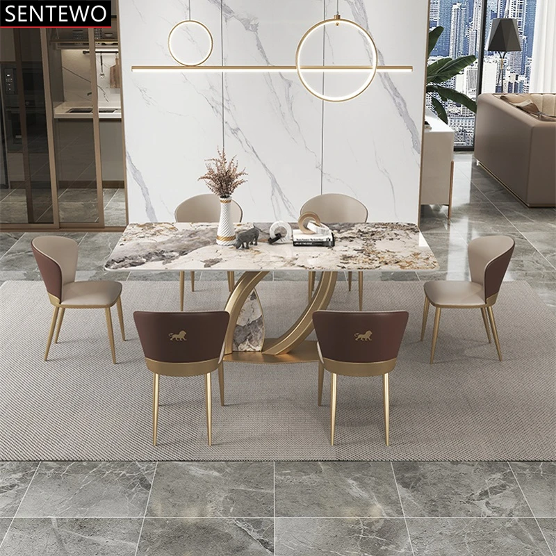 Luxury Rock Slab Kitchen Dining Tables And Dinner Chair Stainless Steel Gold Base Faux Marble Table Furniture Eettafel Comedor