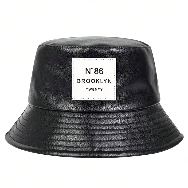 Unisex N86 Label Personality Pu Leather Bucket Hats Fishermen Caps Outdoor Casual Cap Sunscreen Hat