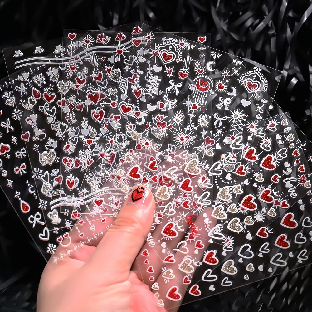 

6pcs/Set Double Layered Heart With Glitter Powder Nail Art Decals Cute Shining White+red Love Nail Sticker DIY Valentine Sliders