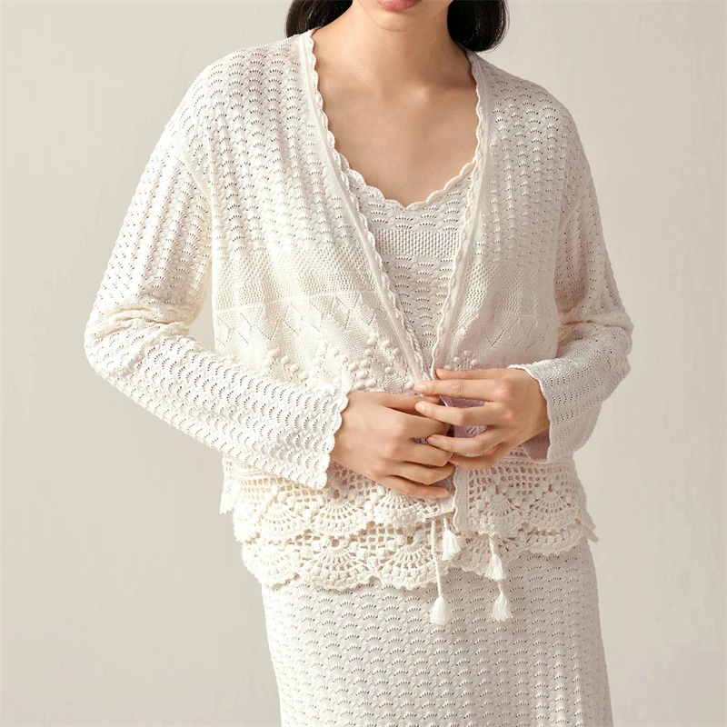 High-Quality Summer New Style Women's Fashion Casual Silk Cotton Yarn Open Cardigan Knitted Lace Hollow out Belted Sweater