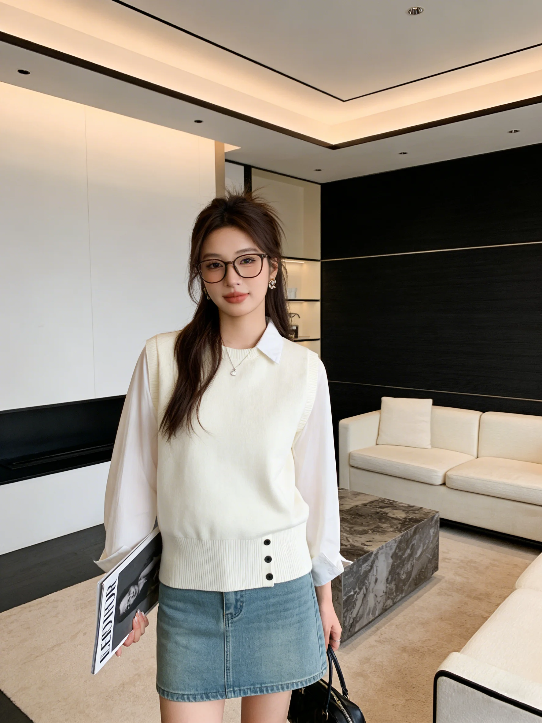 

Soft Korean Sle Knitted Stripe irt Fake Two-Piece Slimming Early Spring Top College Trendy Loose Fit Breathable Long Sve