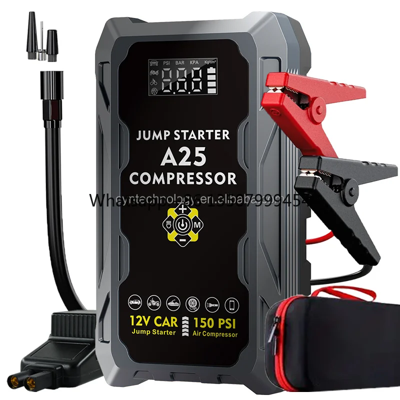 

Portable Car Jump Starter with Air Compressor & Tyre Inflator 3000A Peak Current 26640mWh Power Bank 7 BAR Pressure SOS Light