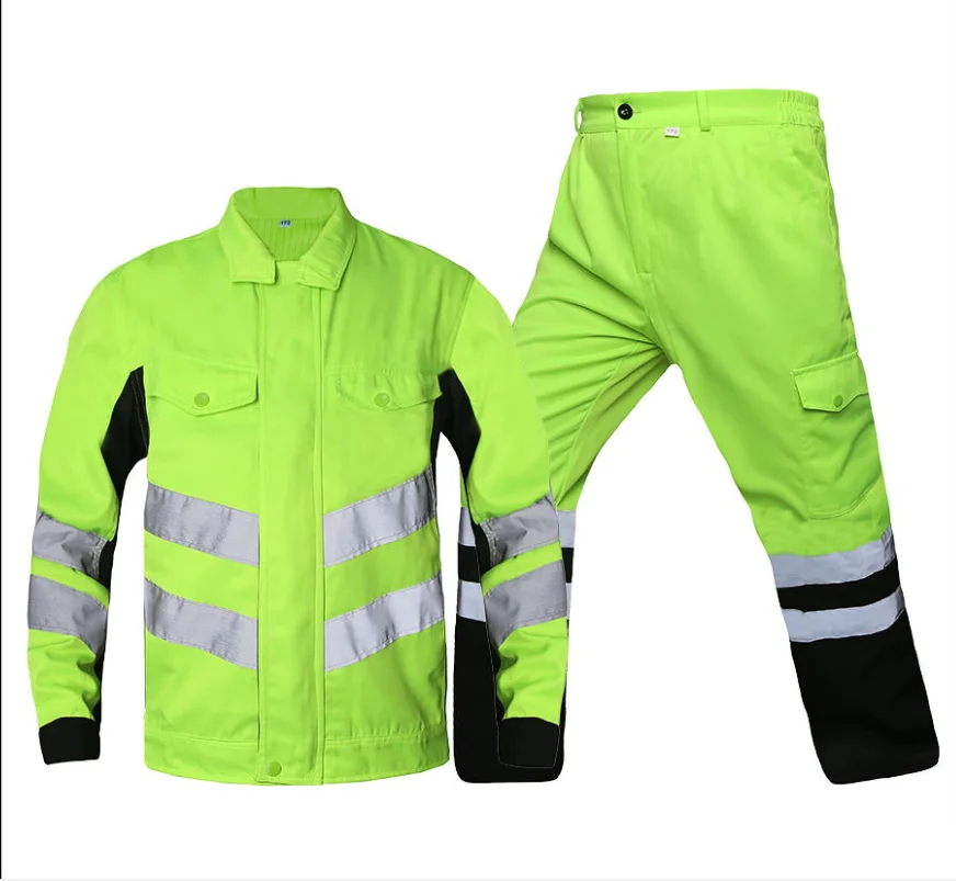 Ropa de trabajo de electricista antiestática, conjunto de monos de trabajo de sitio de construcción, tira reflectante verde fluorescente para hombres, Hi Vis