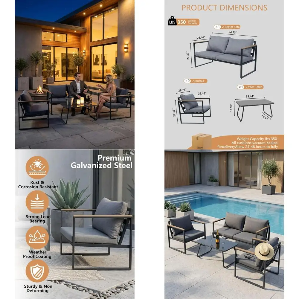 

4 Piece Patio urniture Set,Metal Outdoor urniture Couch with Clear Tempered Glass Coee Table,All Weather Patio Contion Sets with