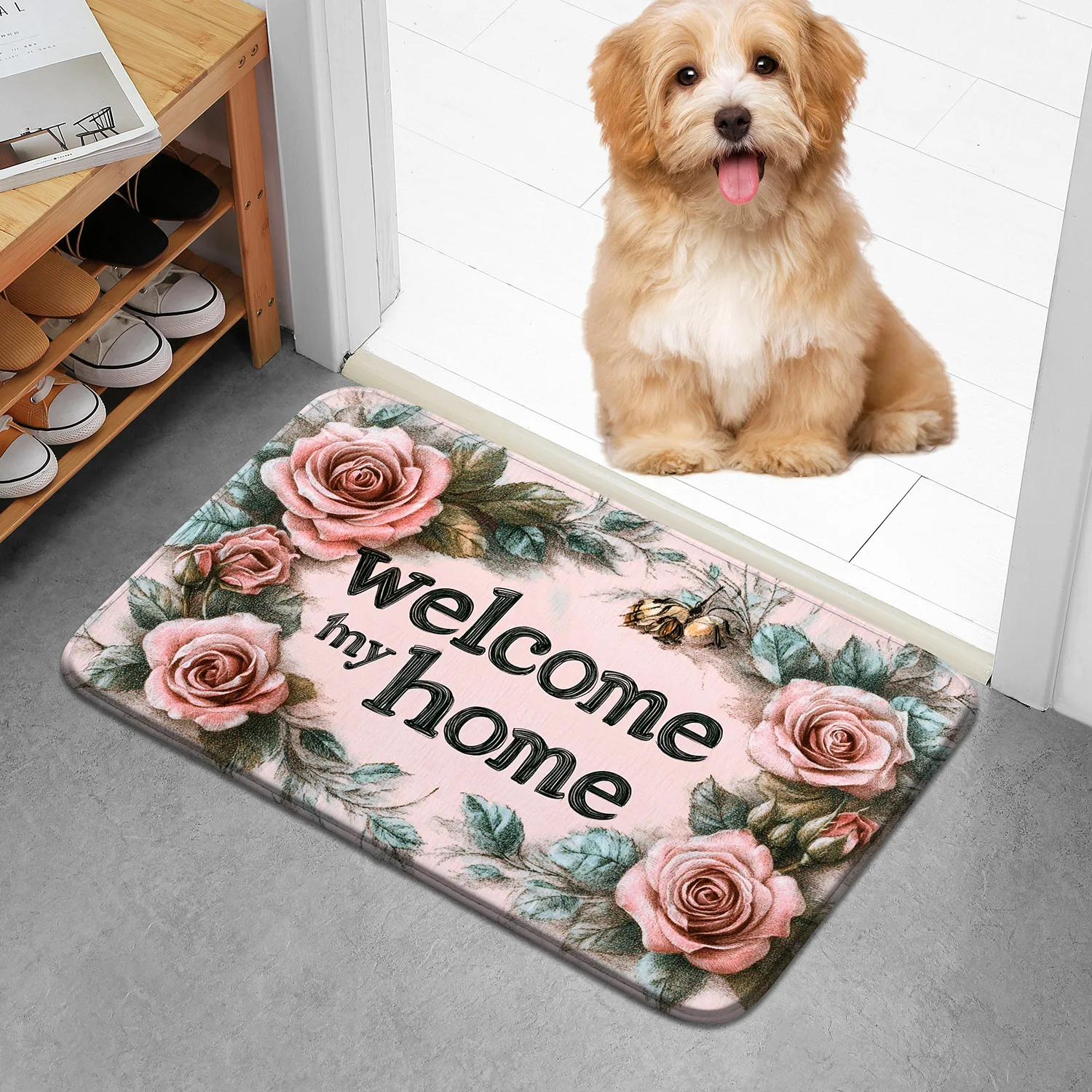 

1 spring flower welcome door mat, pink rose washable home mat, suitable for kitchen carpet, dining room, corridor, bedroom, part
