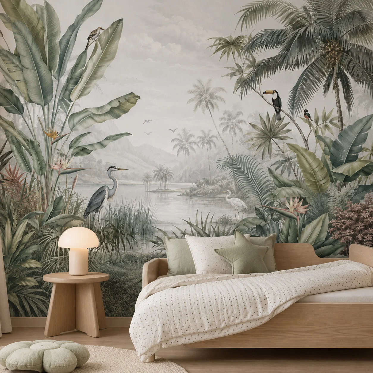 papier-peint-mural-vintage-theme-jungle-tropicale-feuilles-de-palmier-toucan-heron-–-ideal-salon-et-chambre-–-colle-necessaire