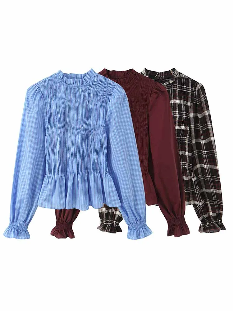 

HH Woman Spring Fashion Versatile Long Sleeves Round Neck Folds Lace Decoration Shirt Female Casual Comfortable Commuting Tops