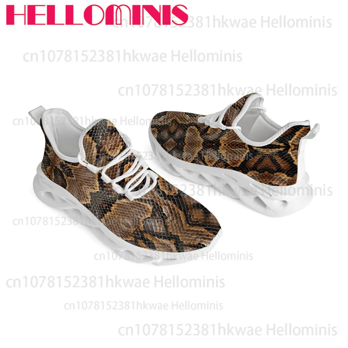 Brown Wild Snake Texture Print Unisex Hollow Sole Sneakers Light Mesh Breathable Street Style Casual Walking Shoes Low Top