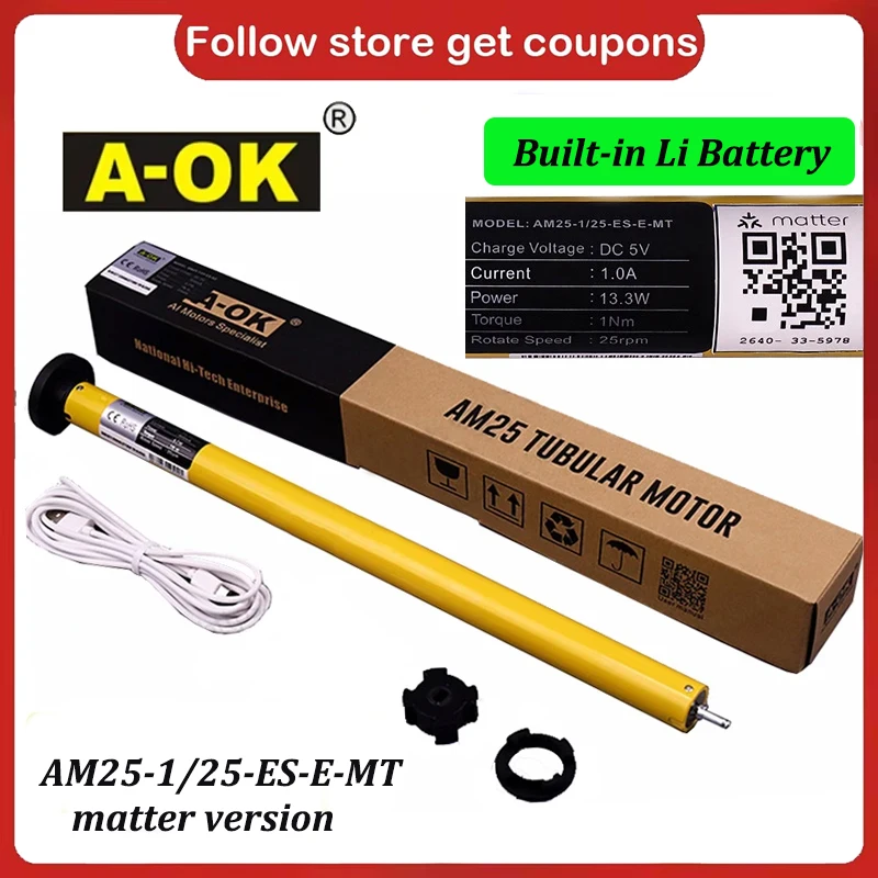 

A-OK AM25 Tuya Matter Smart RF Tubular Motor Li Battery DC Roller Blinds Shutter Curtain Motor for 38mm Tube Alexa Google Home