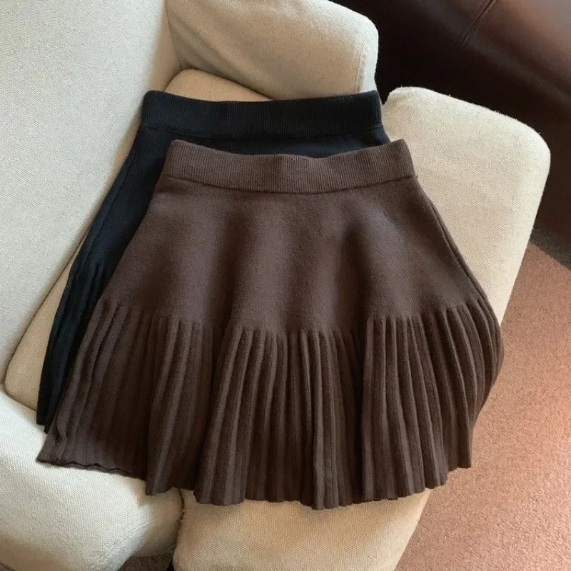 Pleated Skirt Women's Winter High-waisted A-line Skirt Knitted Skirt Preppy Style Women Clothing