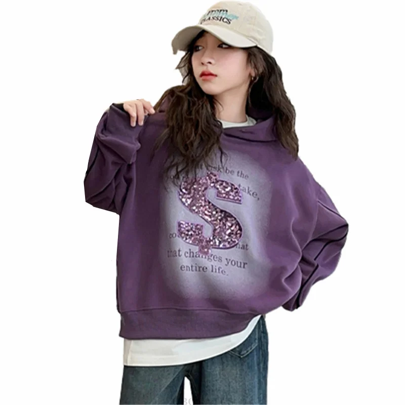 New Fashion Children Hoodies Sweatshirt with Sequins for Girls High Street Outerwear For Kids 5 6 7 8 9 10 11 12 13 14 Years Old