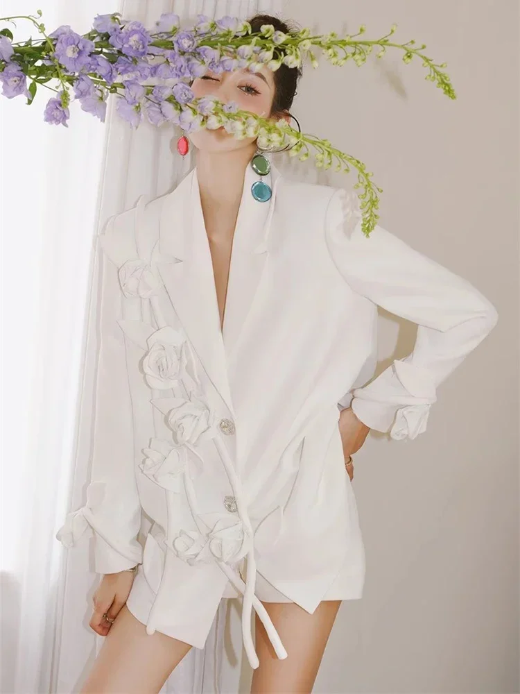 Fashion Party Loose-fit Blazer for Women French Style White Three Dimensional Flower Design Contours in 2024 luxury blazer mujer