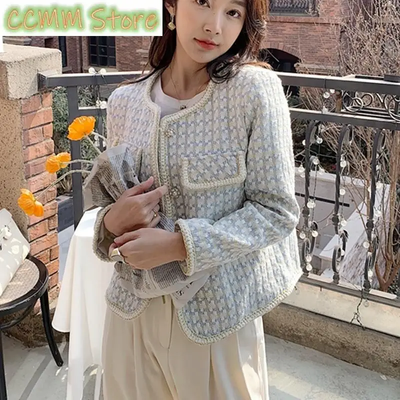 High Quality French Vintage Small Fragrance Tweed Jacket Coat Women Spring Autumn Casual Fried Street Short Coat Plaid Outwear