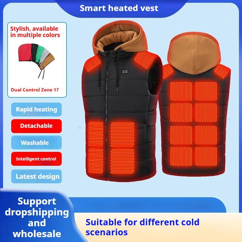 Heatable Detachable Hooded Intelligent Heating Cotton Vest Winter Warm Electric Heating Vest Unisex Outdoor Sports Thermal Vest