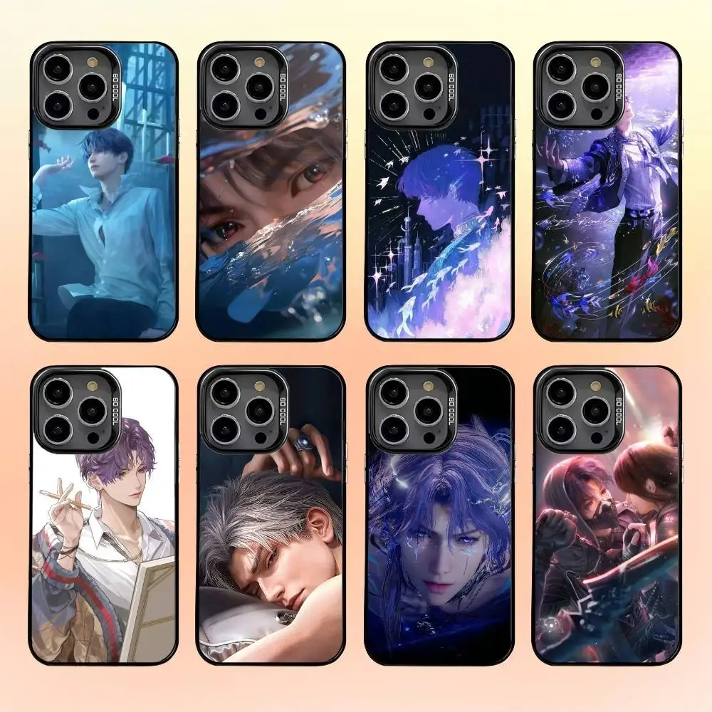 R-Rafayel 러브 앤 딥스페이스 아이폰16 15 14 13 12 프로 맥스용 폰 케이스 그레이 블랙 매트 레이저 메탈릭 오로라 펀다