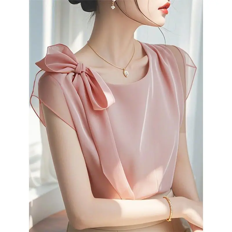 

Summer Office Lady Simplicity Elegant Trend Sexy Patchwork Solid Color O-neck Short Sleeve Pullover Close to the People Wild Pop