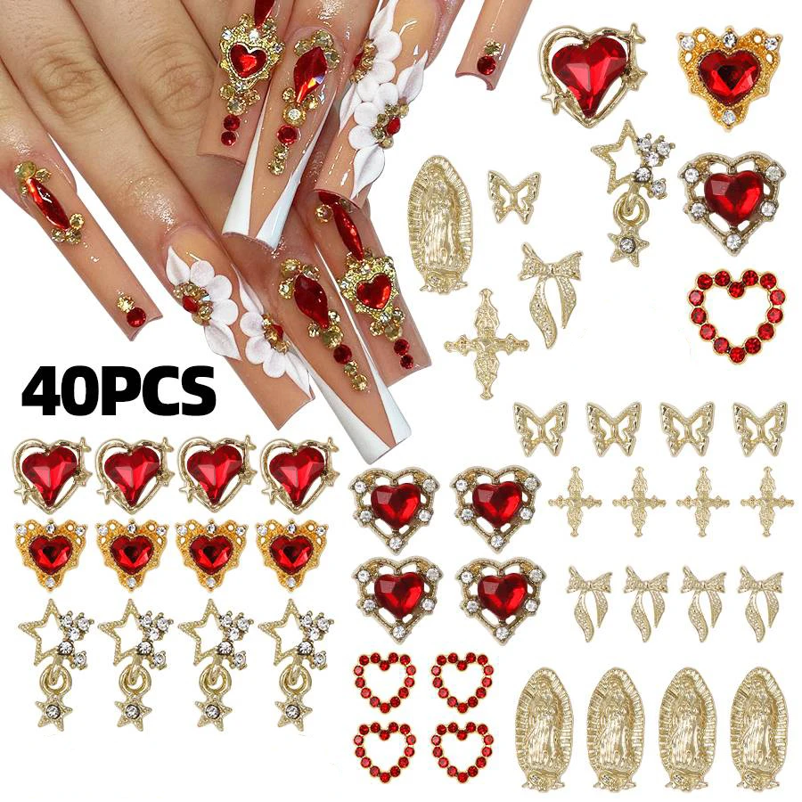32PCS Silver Nail Charms Crystal Heart Nail Charms 3D Alloy Cross Nail Metal Jewelry Butterfly Charms Gems Rhinestones Nail Art