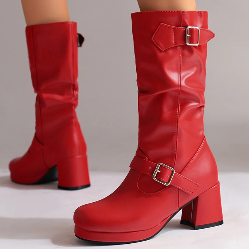 PU Red Women's Knee High Boots Platform Black Riding Boot Buckle Autumn Winter Shoes 2026 Western Brand Designer