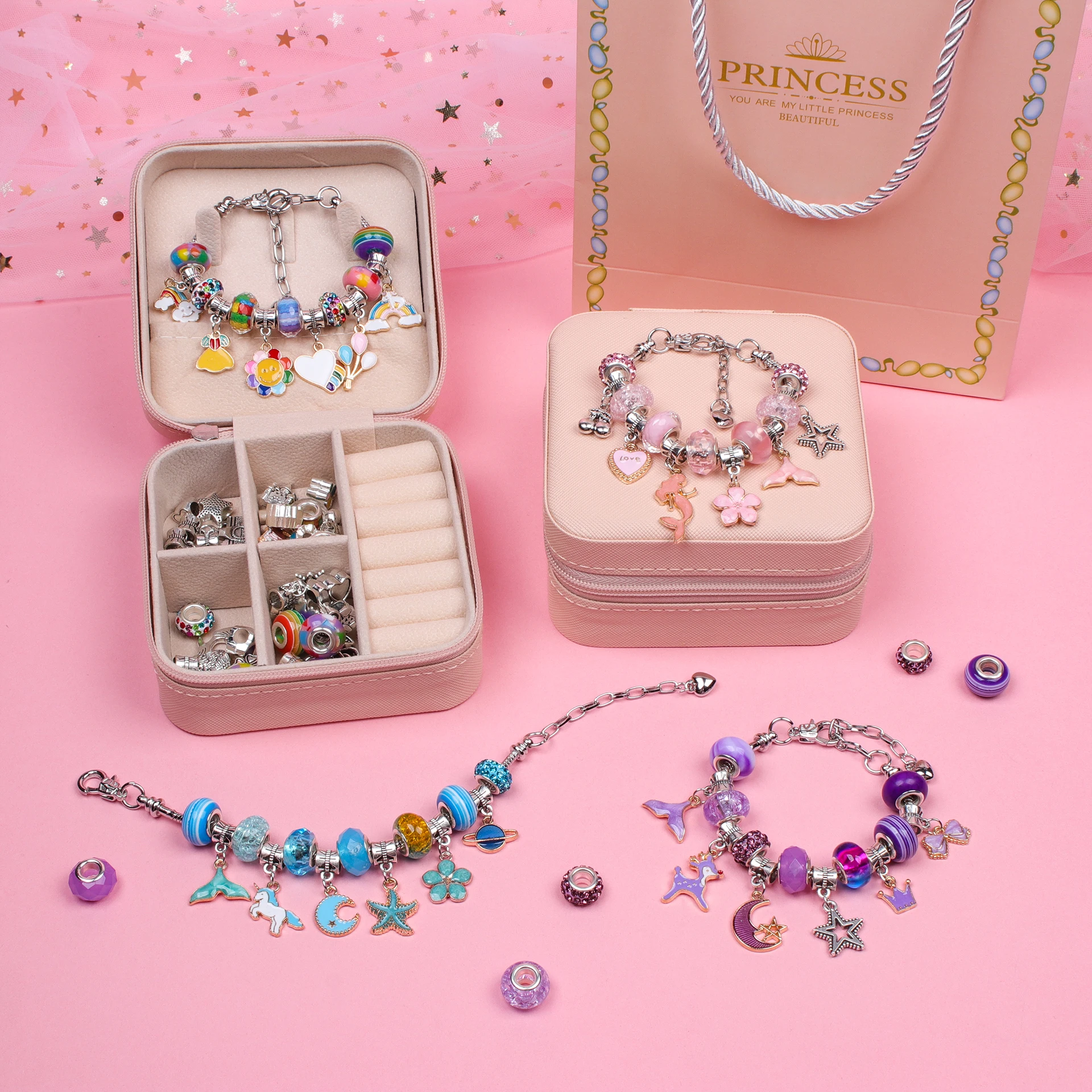 Children\'s Educational DIY Beaded Bracelet Set - Colorful Crystal Beads Pendant Exquisite Gift Box Jewelry Set, Birthday Present