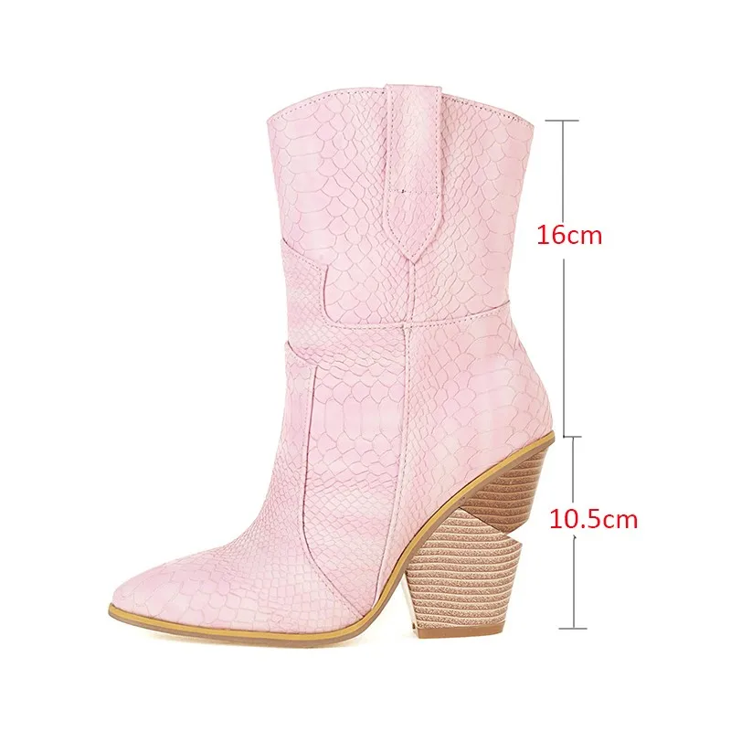 Chic Stylish Wooden Hoof Heels Western Boots Women Plus Size 47 48 Snake Crocodile Print Denim Cowgirl Ankle Boots Female Shoes