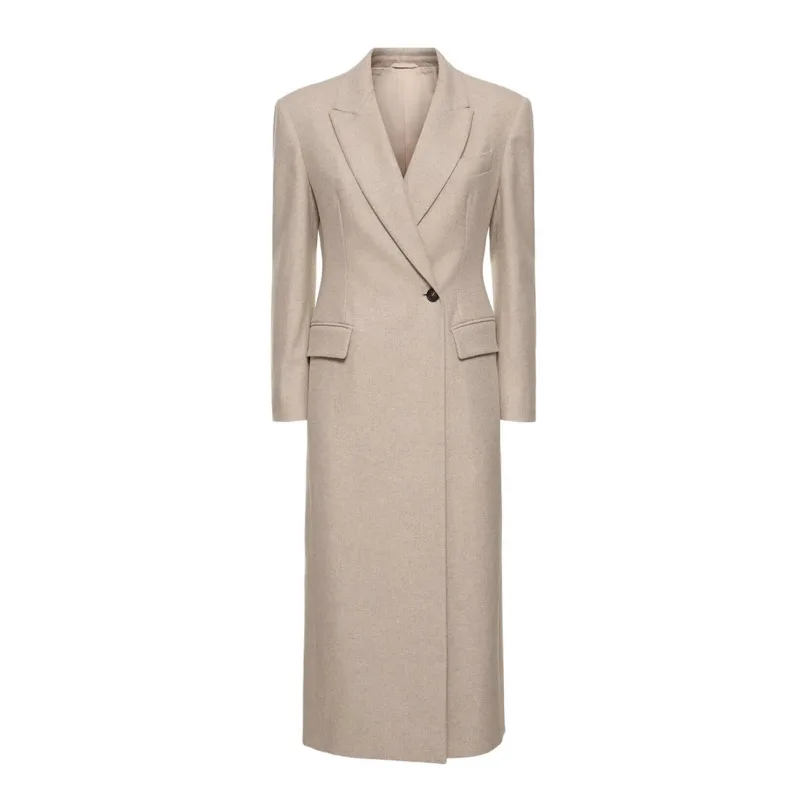 EAEOVNI 2025 Büro Dame Khaki Frauen Lange Anzug Jacke Kerb Kragen Taste Versammelt Taille Mantel Mode Neue Kleidung 1A950