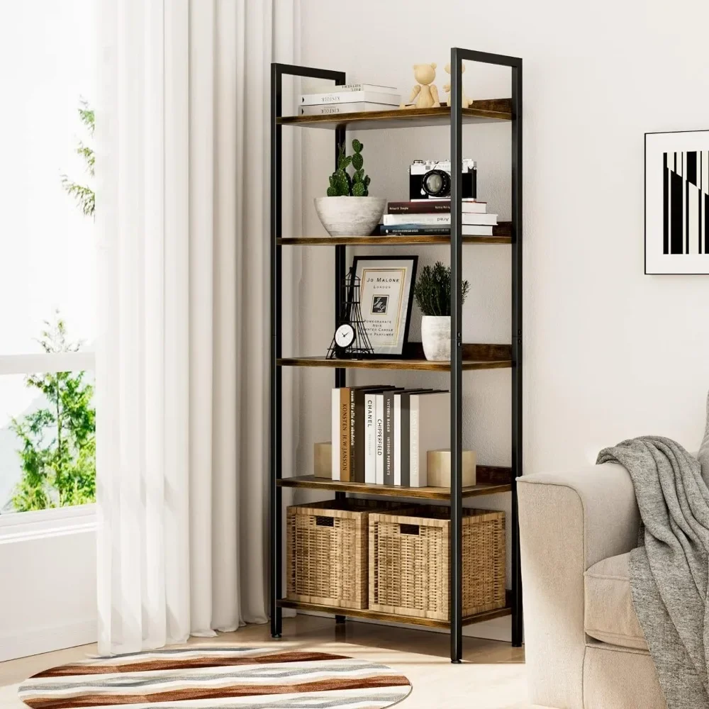 Bookshelf, 5 Tier Bookshelves, Home Office Bookcase Shelf Storage Organizer, Free Standing Storage Shelving Unit Vintage