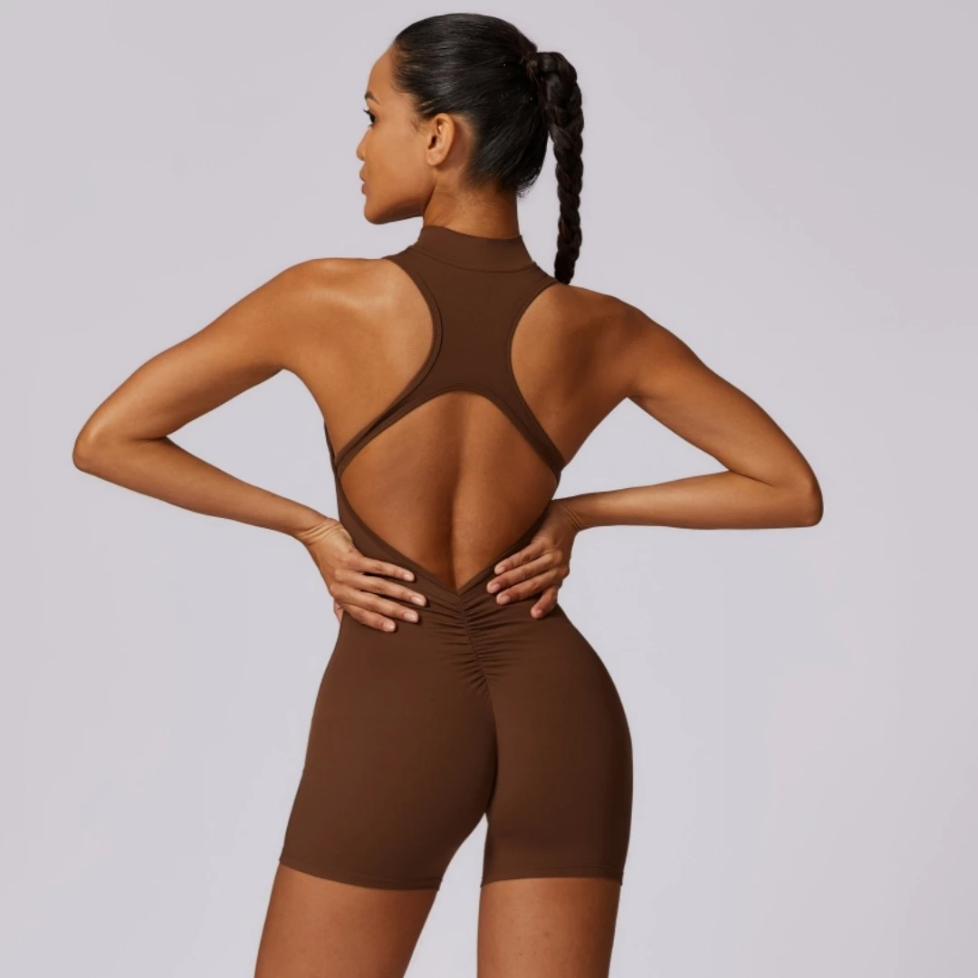 Mono de Yoga liso suave con espalda descubierta y cintura trasera, conjunto corto para mujer, ropa deportiva con cremallera, traje deportivo de una pieza para entrenamiento