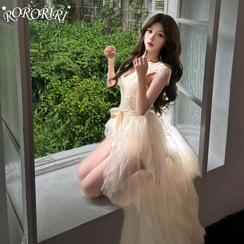 

RORORIRI Женское мини-платье-трансформер с отстегивающейся юбкой-шлейфом, кружевное, кремово-белое, с V-образным вырезом, коротким рукавом, облегающее, милое платье в стиле Лолита