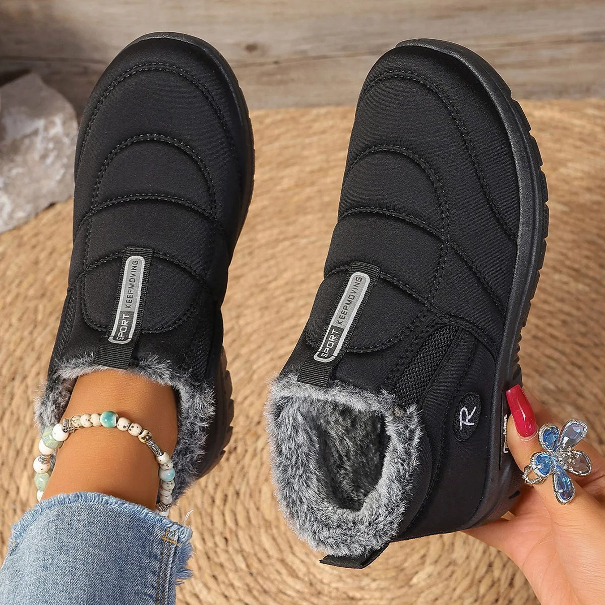 Damen-Knöchel-Schneestiefel, wasserabweisend, mit Plüsch gefüttert, seitlicher Reißverschluss, rutschfeste flache Sohle, warme, lässige Winter-Kurzstiefel – Detail 2
